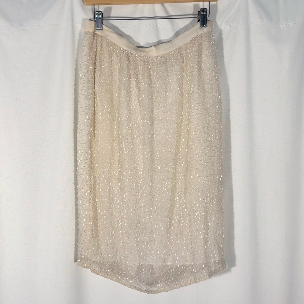 Vintage 80s Ivory Silk Beaded Midi Skirt